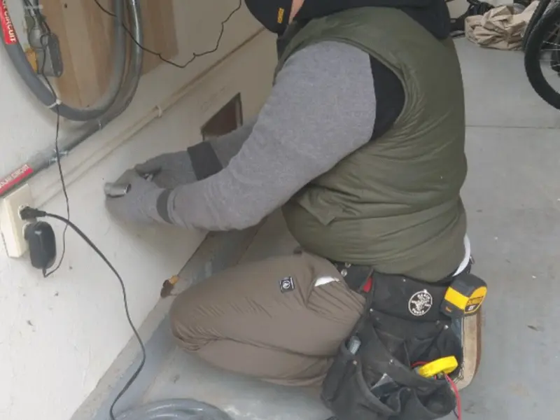 Electrician performing outlet wiring in a Brunswick garage